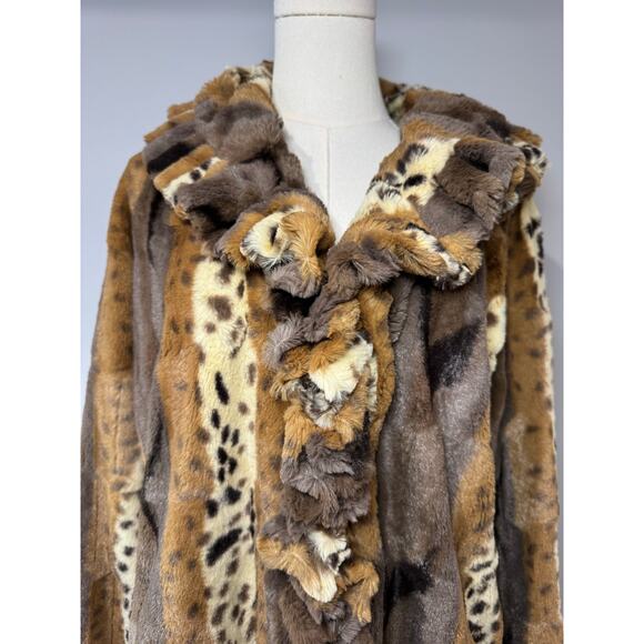 NWOT Damselle New York Faux Fur Ruffled Coat Size XL, Brown Animal Print Shimmer - Picture 4 of 7